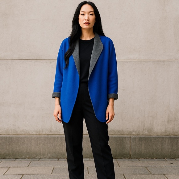Vanessa Bruno Sz Small Wool Cashmere Blue Felted Open Car Coat Pockets Oversized - Picture 1 of 8